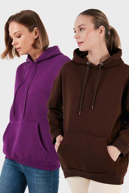 Lela Regular Fit Pamuklu Kapüşonlu Yaka Şardonlu Kışlık 2'li Paket Bayan Sweat 5863854S2 KAHVE-MOR