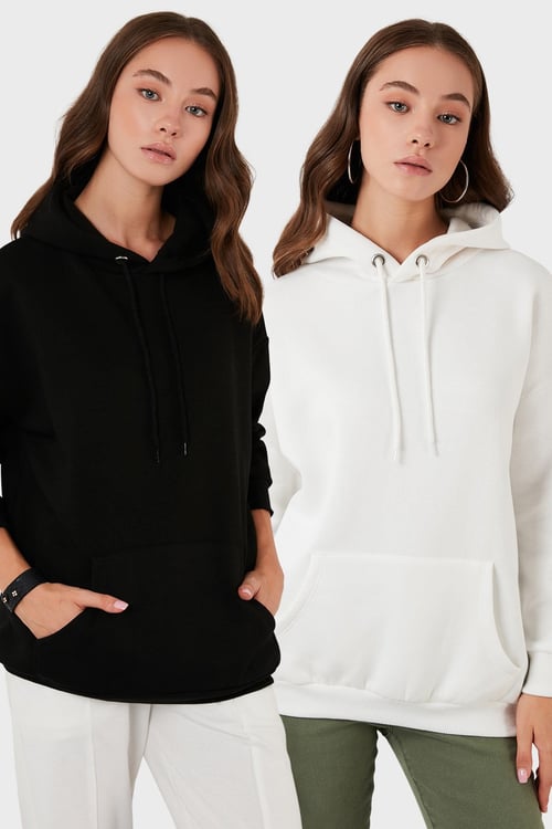 Lela Regular Fit Pamuklu Kapüşonlu Yaka Şardonlu Kışlık 2'li Paket Bayan Sweat 5863854S2 EKRU-SİYAH