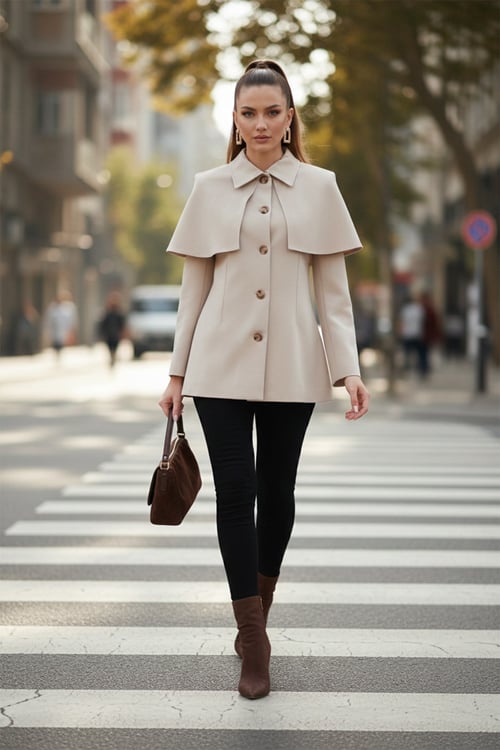 Lela Regular Fit Pelerin Detaylı Düğmeli Bayan Ceket 6927687 TAŞ