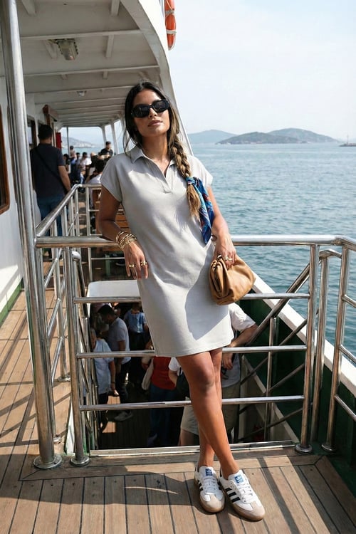 Lela Regular Fit Polo Yaka Mini Kadın Elbise 5866153 GRİ
