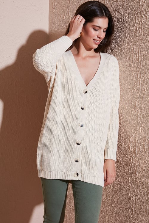 Lela Regular Fit V Yaka Düğmeli Triko Örme Uzun Bayan Hırka 4615044 TAŞ