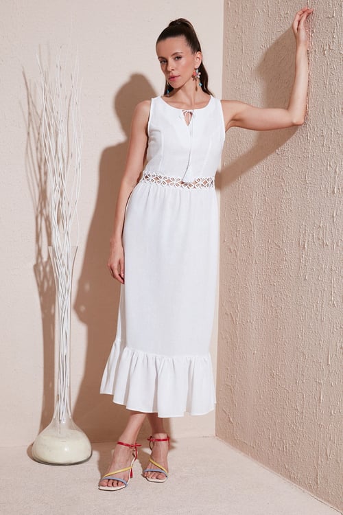 Lela Regular Fit Volanlı Kolsuz Midi Bayan Elbise 611EL574 EKRU