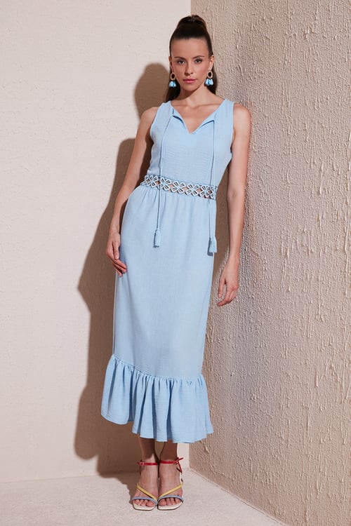 Regular Fit Volanlı Kolsuz Midi Kadın Elbise 611EL574 BEBE MAVİ
