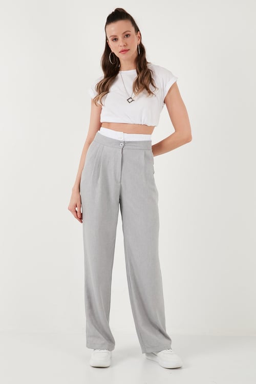 Relaxed Fit Yüksek Bel Bol Paça Kadın Pantolon 673P1012 GRİ