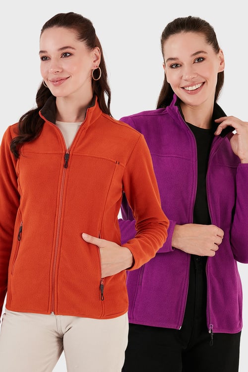 Lela Slim Fit Anti-Pilling Tüylenme Yapmayan Fermuarlı Cepli Hırka 2' li Paket Bayan Polar 5907002S2 Mor-Oranj