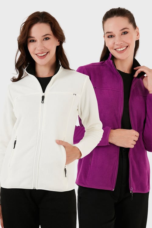 Lela Slim Fit Anti-Pilling Tüylenme Yapmayan Fermuarlı Cepli Hırka 2' li Paket Bayan Polar 5907002S2 EKRU-MOR