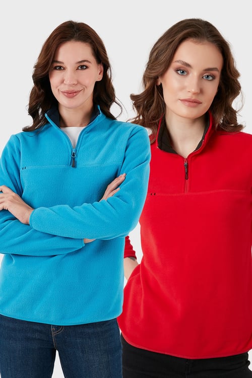 Lela Slim Fit Yumuşak Dokulu Anti-Pilling Tüylenme Yapmayan 2'li Paket Bayan Polar 5907000S2 Turkuaz-Kırmızı