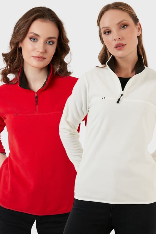 Lela Slim Fit Yumuşak Dokulu Anti-Pilling Tüylenme Yapmayan 2'li Paket Bayan Polar 5907000S2 KIRMIZI-EKRU