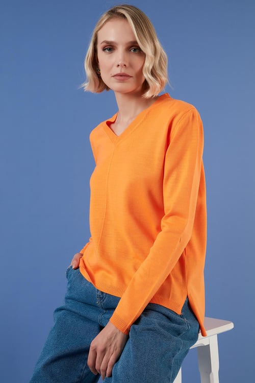 Lela Soft Akrilik V Yaka Triko Bayan Kazak 6327030 ORANGE