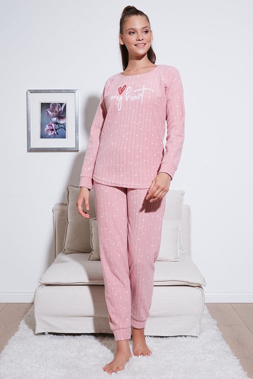 Standart Fit Bisiklet Yaka Kadın Pijama Takımı 6093735 PUDRA