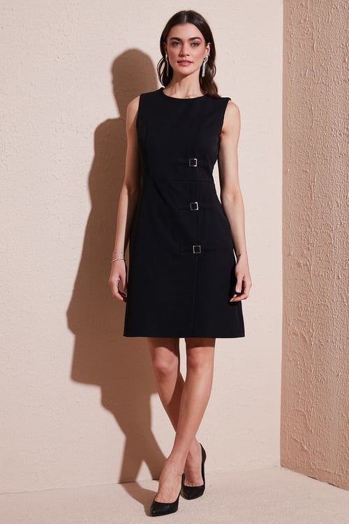 Lela Standart Fit Kemerli Bisiklet Yaka Mini Abiye Bayan Elbise 611EL1964 SİYAH