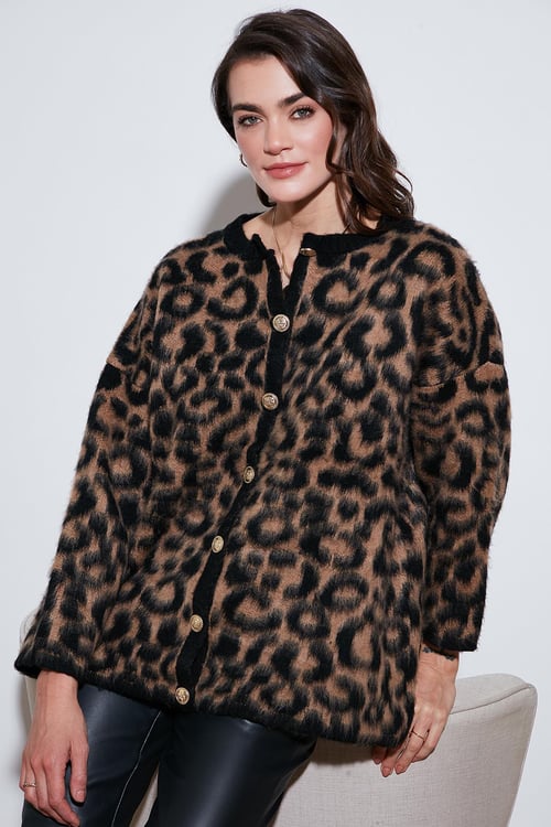 Lela Standart Fit Leoparlı Yumuşak Dokulu Bayan Hırka 4614504 LEOPAR
