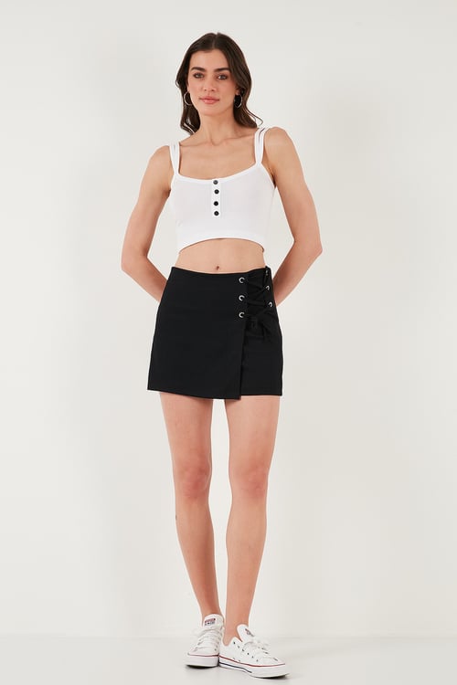 Lela Streç Bağlamalı Slim Fit Yüksek Bel Mini Bayan Şort Etek 5865745 SİYAH