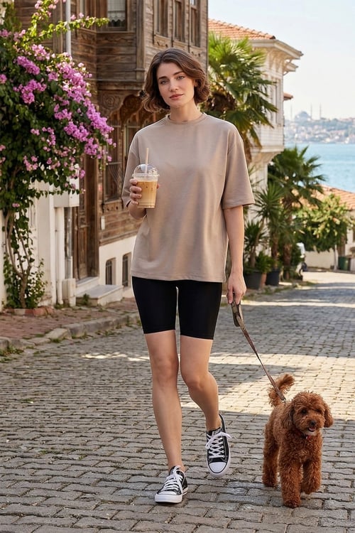 Lela Streç Oversize Fit Bisiklet Yaka Kadın T Shirt 5865911 TAŞ