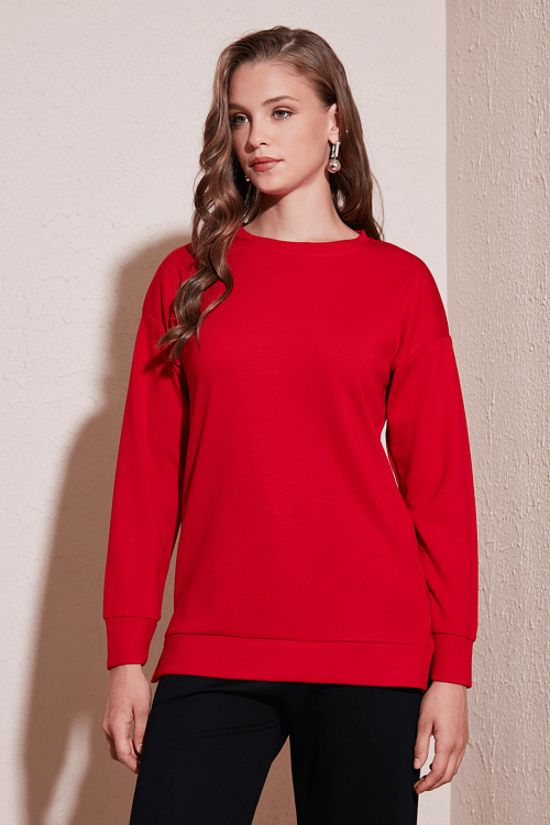 Lela Streç Oversize Fit Bisiklet Yaka Modal Kumaş Bayan Sweat 5865877 KIRMIZI