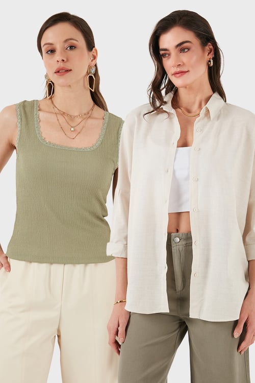 Lela Streç Pamuklu Oversize Fit 2' li Paket Bayan Gömlek-Atlet Set 67810014979S2 Bej-Olıve