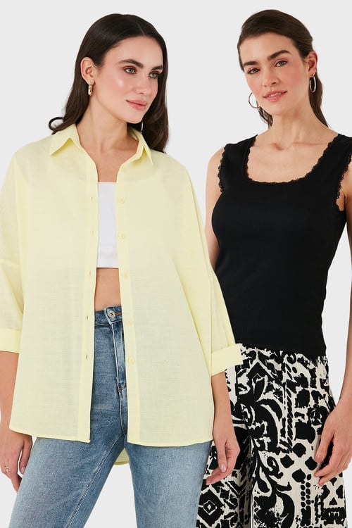 Lela Streç Pamuklu Oversize Fit 2' li Paket Bayan Gömlek-Atlet Set 67810014979S2 SARI-SİYAH