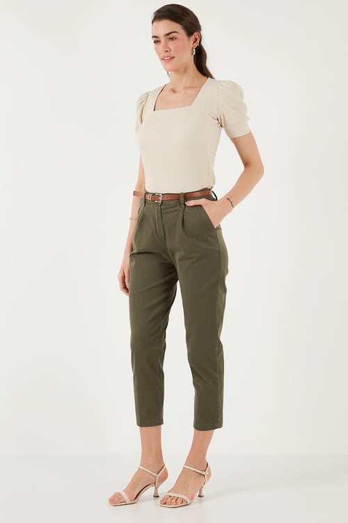 Lela Streç Pamuklu Regular Fit Yüksek Bel Düz Kısa Paça Kemerli Bayan Pantolon 668YP5335 HAKİ