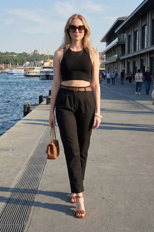 Lela Streç Pamuklu Regular Fit Yüksek Bel Düz Kısa Paça Kemerli Bayan Pantolon 668YP5335 SİYAH