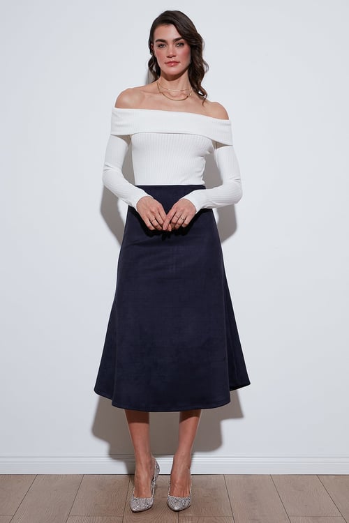Lela Streç Regular Fit Yüksek Bel Midi Boy Süet Çan Bayan Etek 5866180 İNDİGO