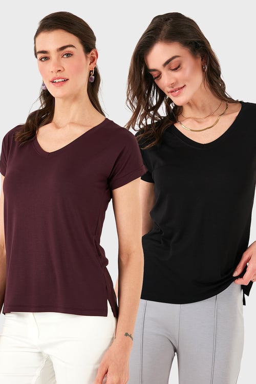 Lela V Yaka Relaxed Fit Yırtmaç Detaylı 2'li Paket Bayan Bluz 5862000S2 SİYAH-VİŞNE