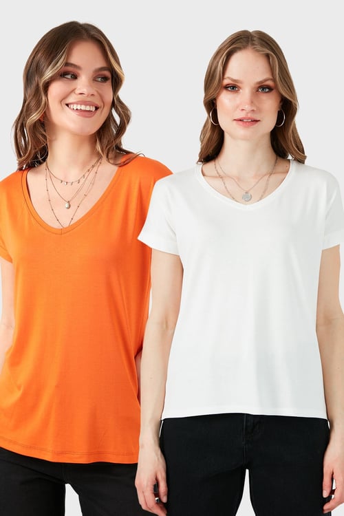 Lela V Yaka Relaxed Fit Yırtmaç Detaylı 2'li Paket Bayan Bluz 5862000S2 Ekru-Oranj