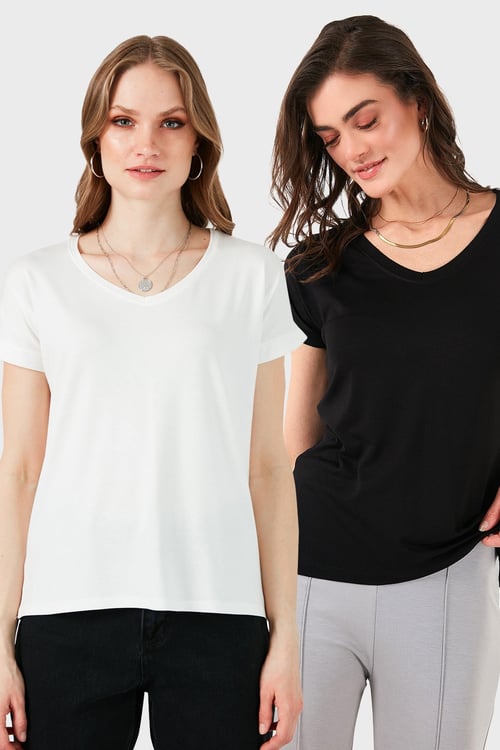 Lela V Yaka Relaxed Fit Yırtmaç Detaylı 2'li Paket Bayan Bluz 5862000S2 SİYAH-EKRU
