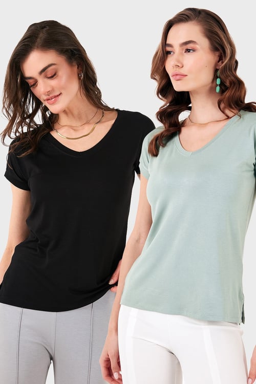 Lela V Yaka Relaxed Fit Yırtmaç Detaylı 2'li Paket Bayan Bluz 5862000S2 SİYAH-ÇAĞLA