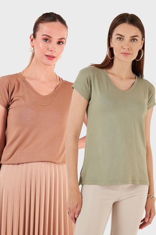 Lela V Yaka Relaxed Fit Yırtmaç Detaylı 2'li Paket Kadın Bluz 5862000S2 Olive-BİSKÜVİ