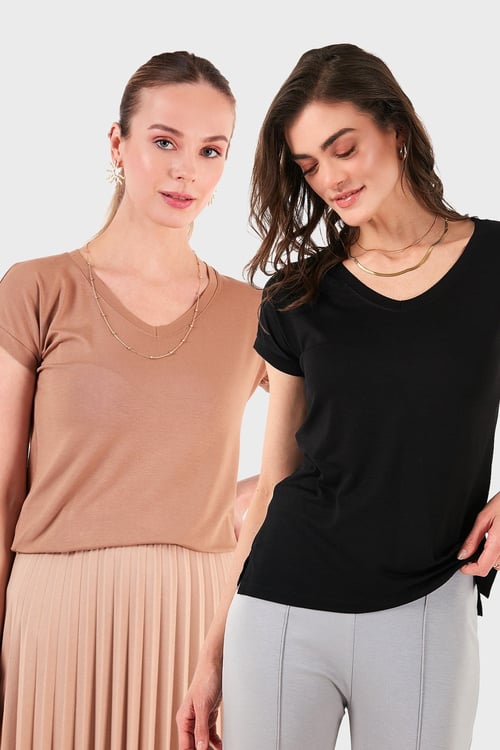 Lela V Yaka Relaxed Fit Yırtmaç Detaylı 2'li Paket Bayan Bluz 5862000S2 SİYAH-BİSKÜVİ