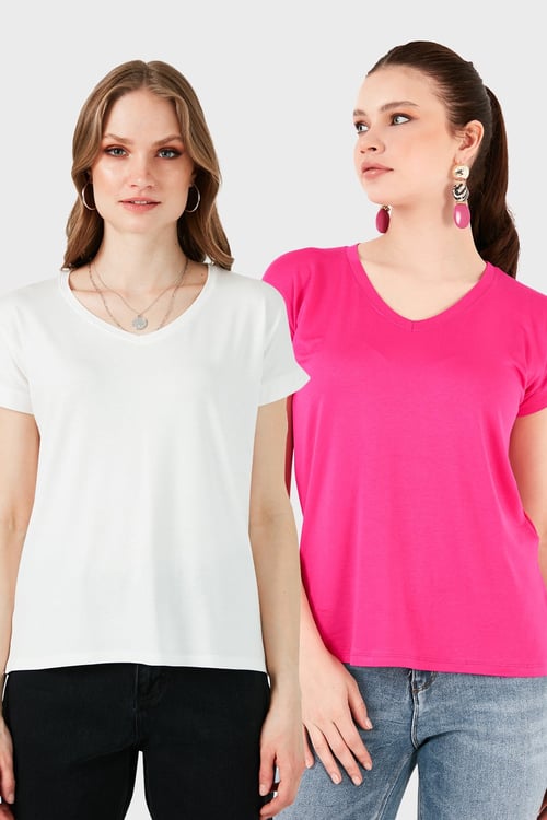 Lela V Yaka Relaxed Fit Yırtmaç Detaylı 2'li Paket Bayan Bluz 5862000S2 EKRU-FUŞYA