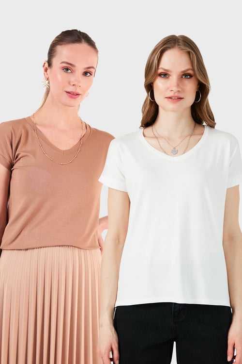 Lela V Yaka Relaxed Fit Yırtmaç Detaylı 2'li Paket Bayan Bluz 5862000S2 Ekru-Bisküvi