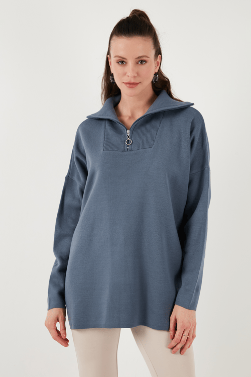 Lela Yarım Fermuarlı Onesize Triko Bayan Kazak 4616079Y İNDİGO