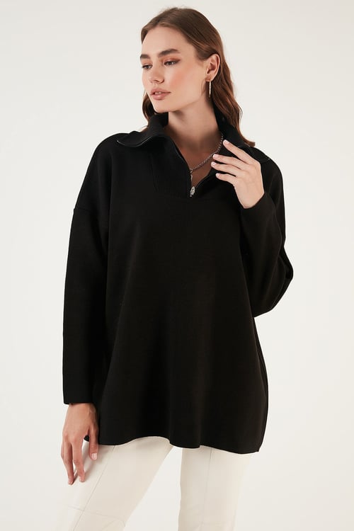 Lela Yarım Fermuarlı Onesize Triko Bayan Kazak 4616079Y SİYAH