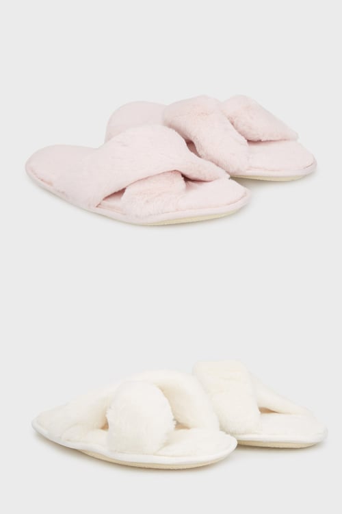 Lela Yumuşak Dokulu Çapraz Peluş 2' li Paket Bayan Terlik 6722001S2 EKRU-PUDRA