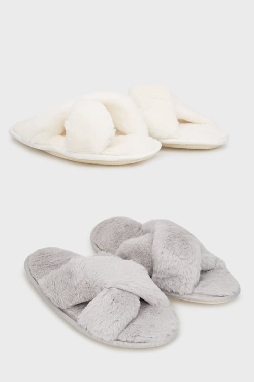 Lela Yumuşak Dokulu Çapraz Peluş 2' li Paket Bayan Terlik 6722001S2 EKRU-GRİ