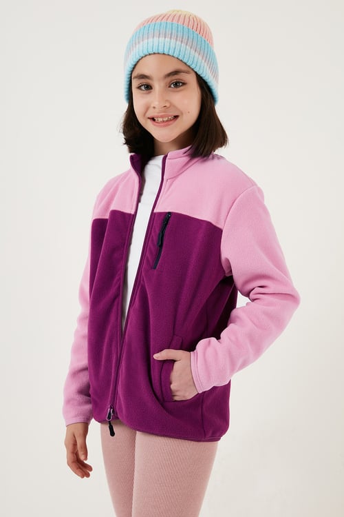 Lela Yumuşak Dokulu Fermuarlı Renk Bloklu Dik Yaka Cepli Hırka Unisex Çocuk Polar 5905001 Şeker Pembe-Mor