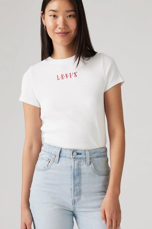 Levi's % 100 Pamuk Slim Fit Bisiklet Yaka Logolu Bayan T Shirt 001MY-0000 BEYAZ