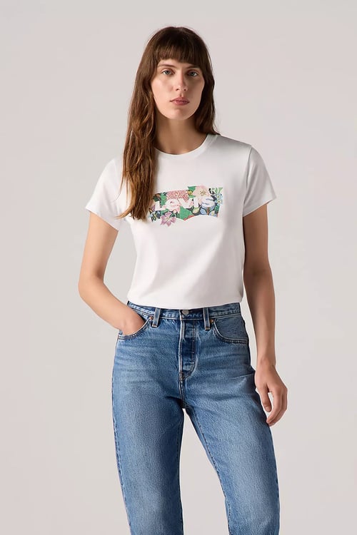 Levi's Çiçek Baskılı % 100 Pamuk Standart Fit Bisiklet Yaka Bayan T Shirt 17369-2931 BEYAZ
