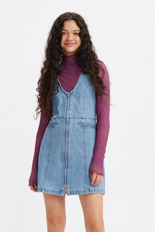Levi's Önden Fermuarlı Pamuklu Mini Kot Bayan Elbise A4586-0002 AÇIK MAVİ