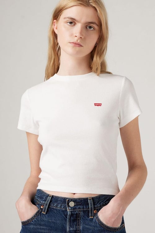 Levi's Pamuklu Slim Fit Bisiklet Yaka Logolu Crop Kadın T Shirt 005G4-0001 BEYAZ