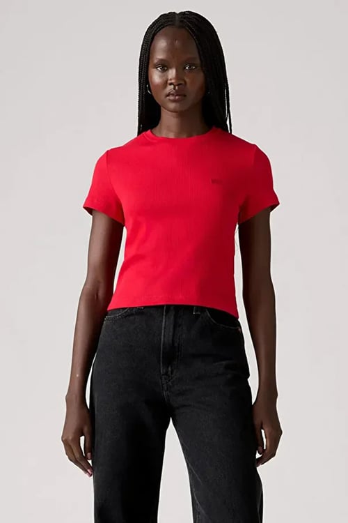 Levi's Pamuklu Slim Fit Bisiklet Yaka Logolu Crop Bayan T Shirt 005G4-0002 KIRMIZI