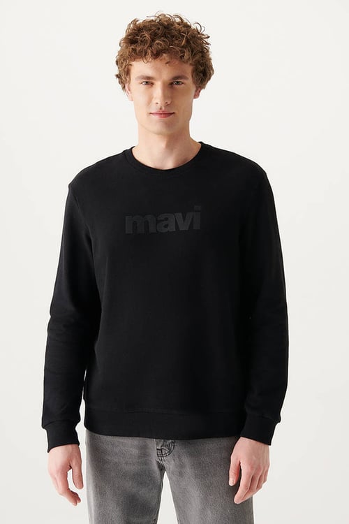 Logo Baskılı Bisiklet Yaka Oversize Pamuklu Erkek Sweat 066303-900 SİYAH