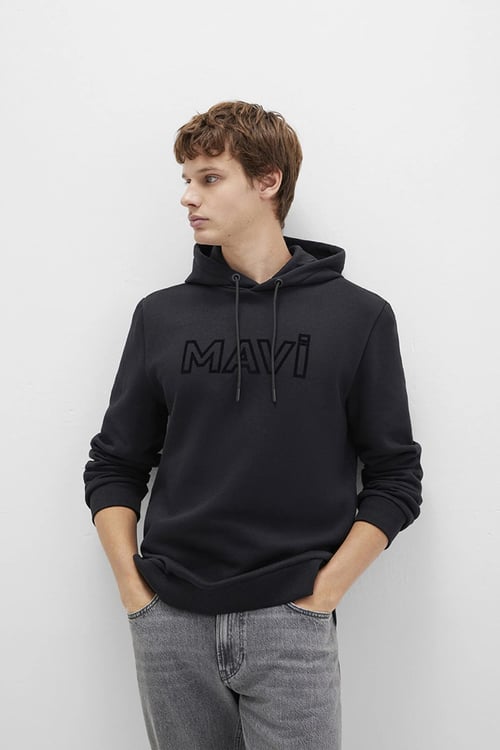 Logo Baskılı Pamuklu Regular Fit Şardonlu Kapüşonlu Erkek Sweat 0610941-900 SİYAH
