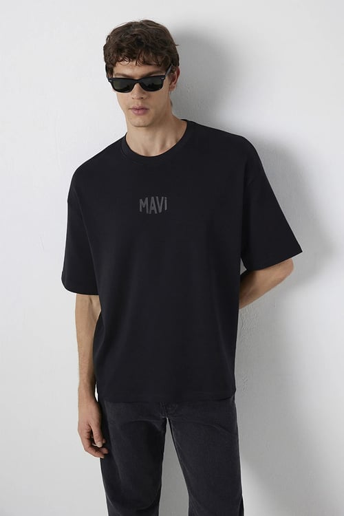 Logolu % 100 Pamuk Bisiklet Yaka Erkek T Shirt 0613581-900 SİYAH