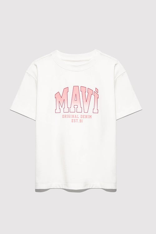 Logolu % 100 Pamuk Loose Fit Bisiklet Yaka Kız Çocuk T Shirt 7610386-70057 KREM