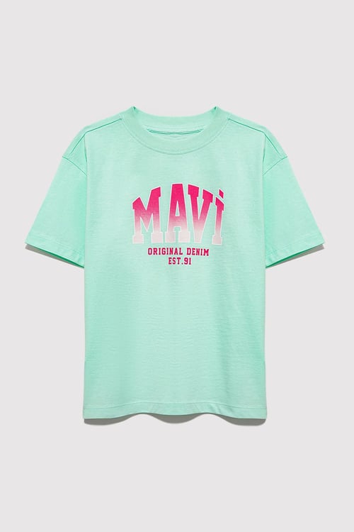 Logolu % 100 Pamuk Loose Fit Bisiklet Yaka Kız Çocuk T Shirt 7610386-71643 AÇIK YEŞİL