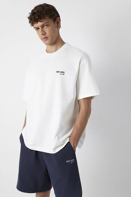 Logolu % 100 Pamuk Oversize Bisiklet Yaka Erkek T Shirt 0613676-70057 KIRIK BEYAZ