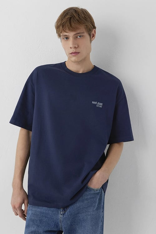 Logolu % 100 Pamuk Oversize Bisiklet Yaka Erkek T Shirt 0613676-70490 LACİVERT