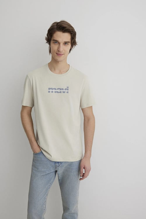 Logolu % 100 Pamuk Regular Fit Bisiklet Yaka Erkek T Shirt 0610943-70144 BEJ